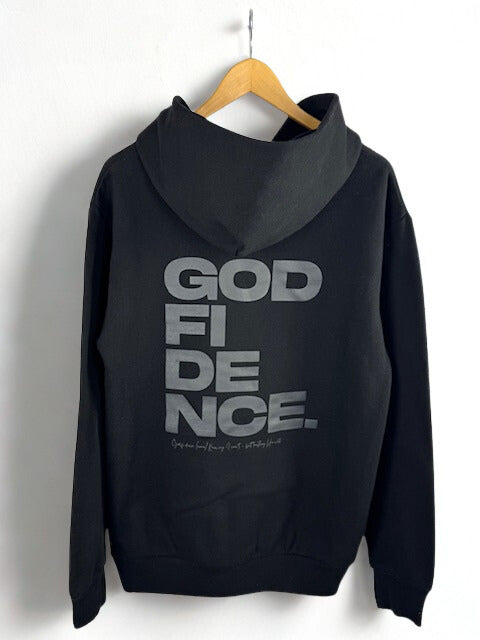 Black hoodie with 'GOD FIDENCE' text on a hanger against a white background