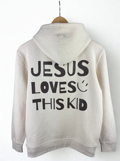 Cream hoodie with 'Jesus Loves This Kid' in Chocolate Brown text 