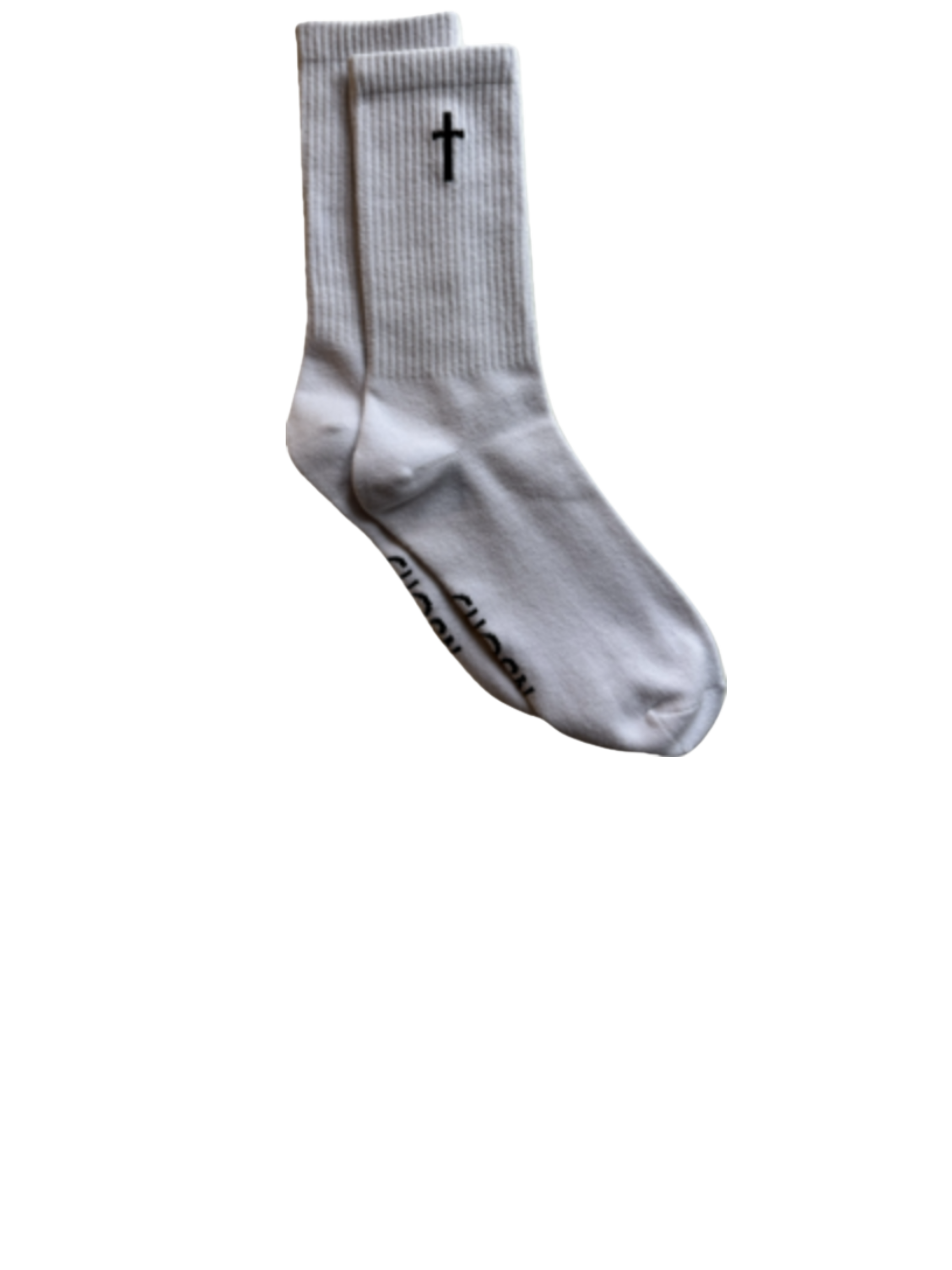 White socks with a black cross on a white background